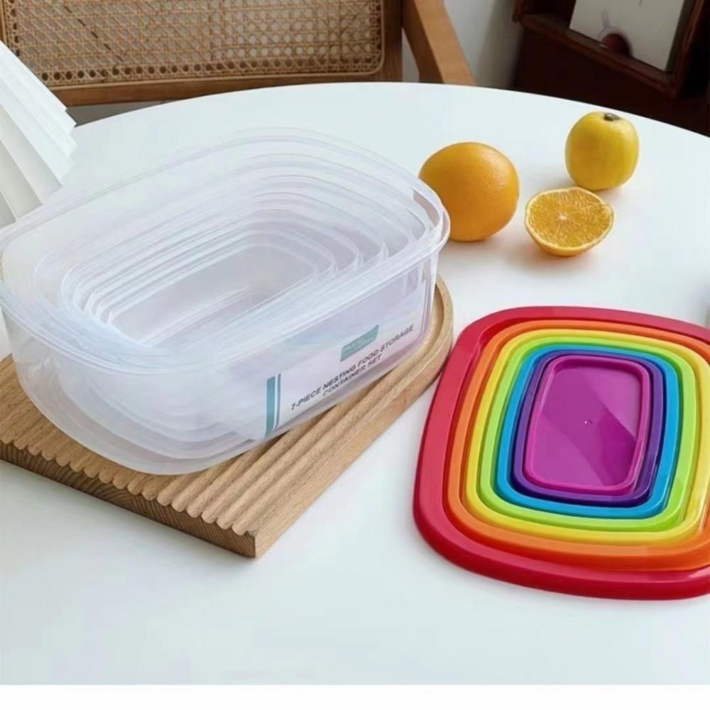 7Pcs Multipurpose Rectangular Food Storage Bowl Plastic Rainbow Freshing Box Rapid-Access with Lids Food Sealed Box Household