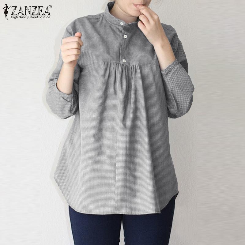 

ZANZEA Женская плиссированная лоскутная клетчатая однотонная свободная блузка с воротником-стойкой 9/10 и длинными рукавами на пуговицах