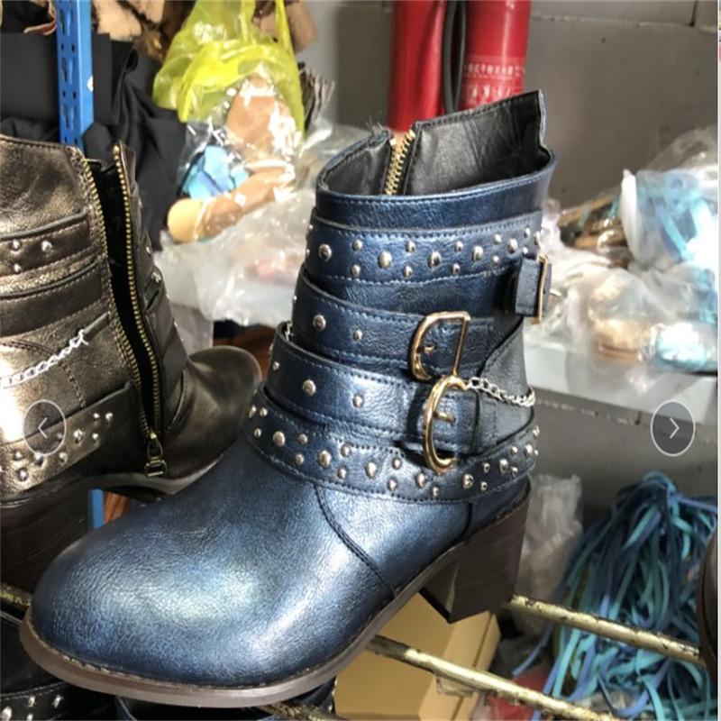 Coarse Heel Martin Boots Women's Autumn and Winter High Heel Large Size Belt Buckle Chain Rivet Short Boots Women's Single Boots