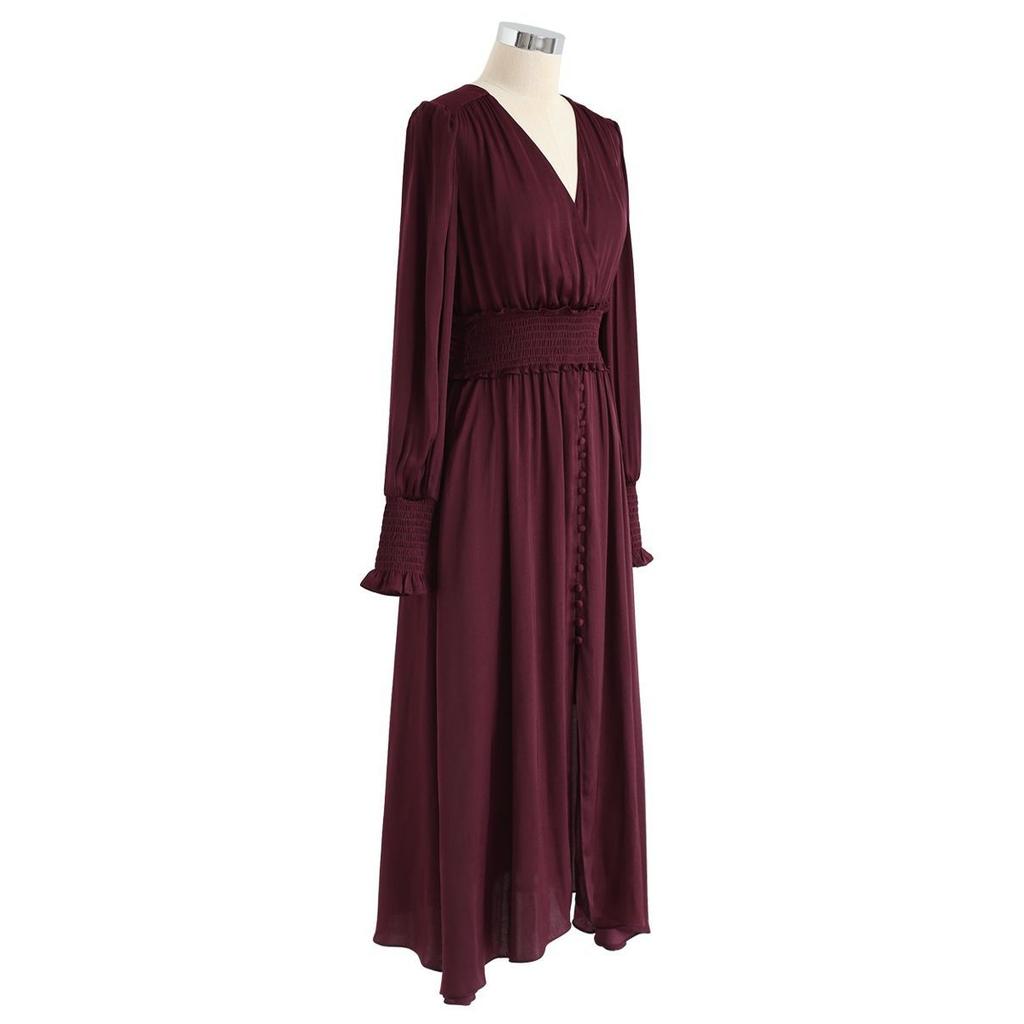New V-Neck Long Sleeve Burgundy Women's Casual Dress For Spring Autumn