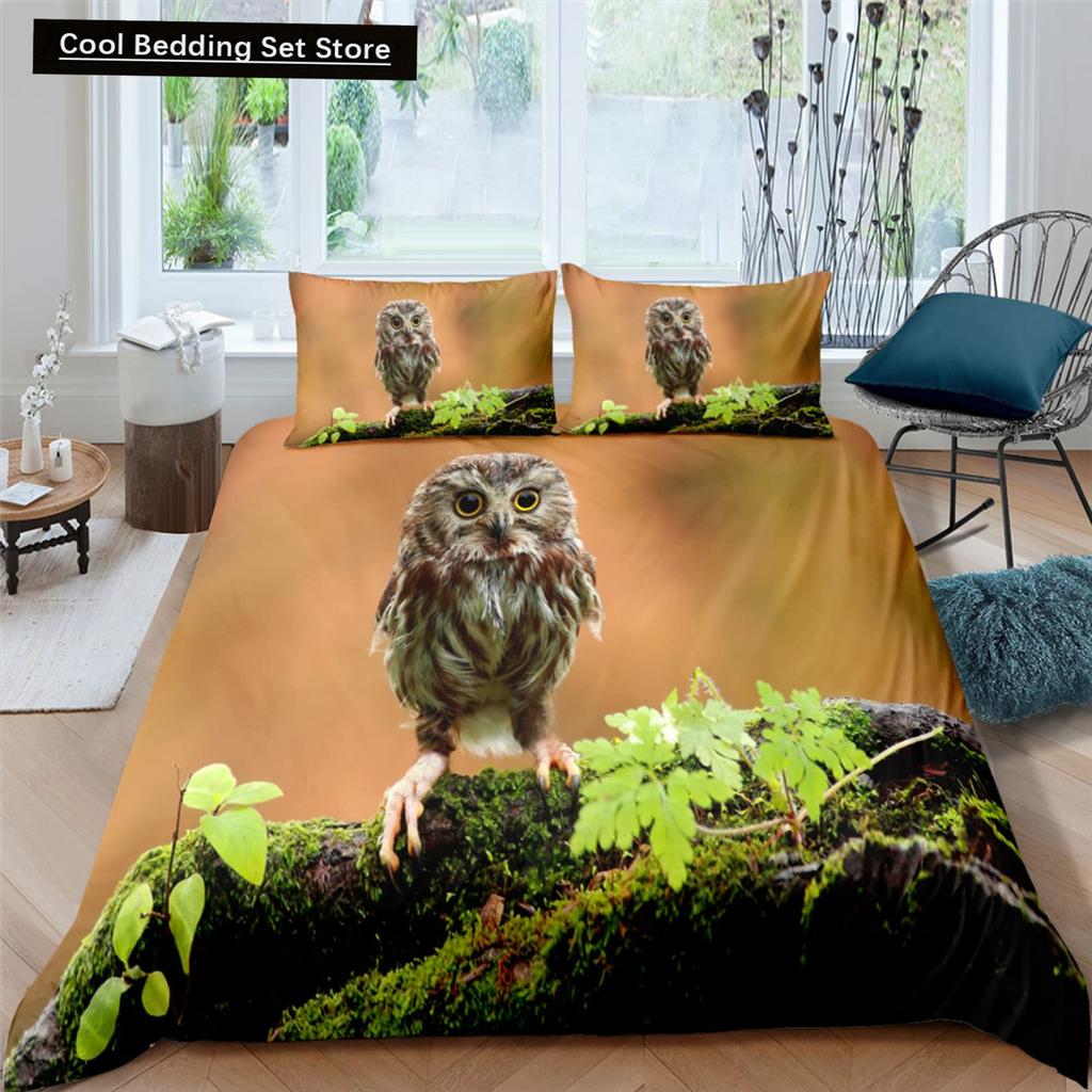 Black Owl King Queen Duvet Cover Moon Safari Bird Animal Bedding Set Lovely Wildlife Quilt Cover Grey Polyester Comforter Cover