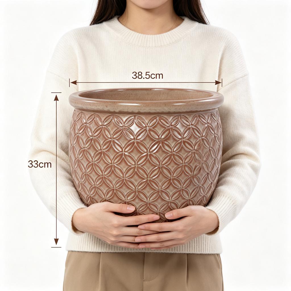 Handgefertigter Keramik-Blumentopf (Durchmesser 38,5 cm), Glänzendes Beige mit Münzprägung, Atmungsaktiv, Frostbeständig