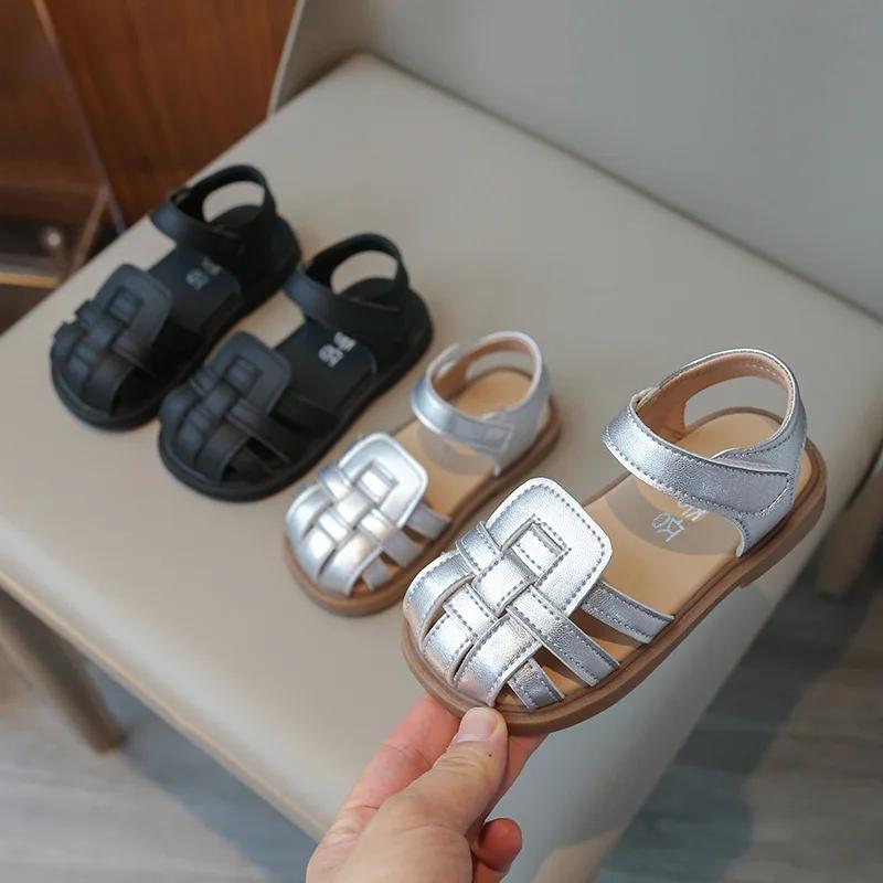Children's Sandals Summer Braided Style Girls Causal Flat Sandals Fashion Kids Woven Soft Beach Sandals Solid Color Anti-kick