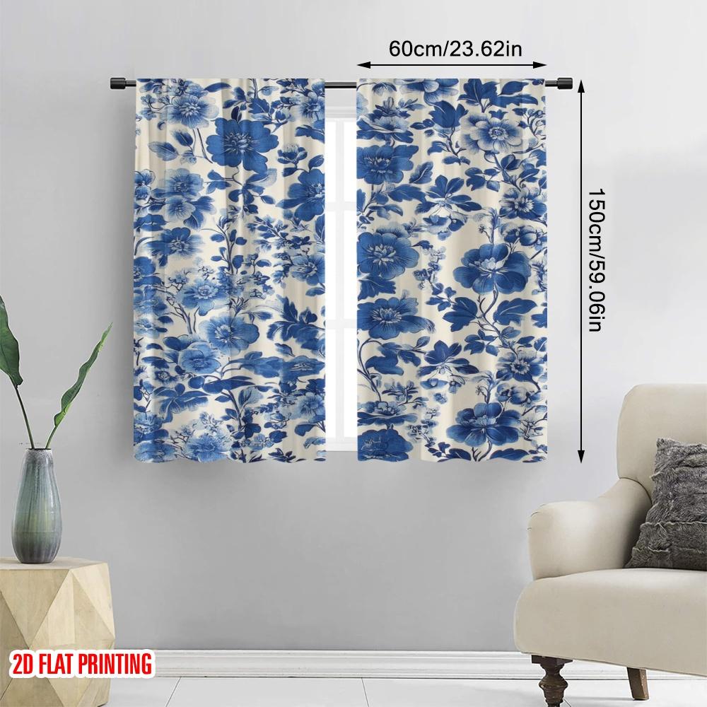 2 τεμ., Δίχρωμη εκτύπωση Επίπεδη Εκτύπωση Κουρτίνες Ψηφιακά Εκτυπωμένη Μπλε Ανθισμένη Ταπετσαρία 100% Πολυεστέρας (χωρίς ράβδο) Χρήση Όλες τις Εποχές για Καθιστικό