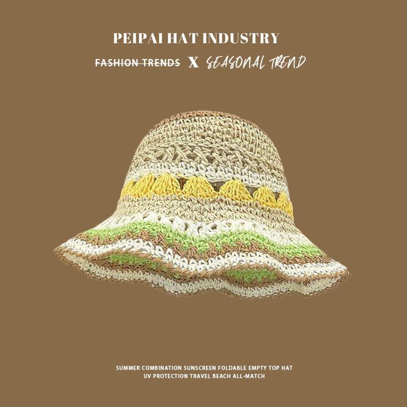 

Straw hat seaside vacation sun protection straw bucket hat versatile fresh Hyunya style sun hat M（56-58cm）