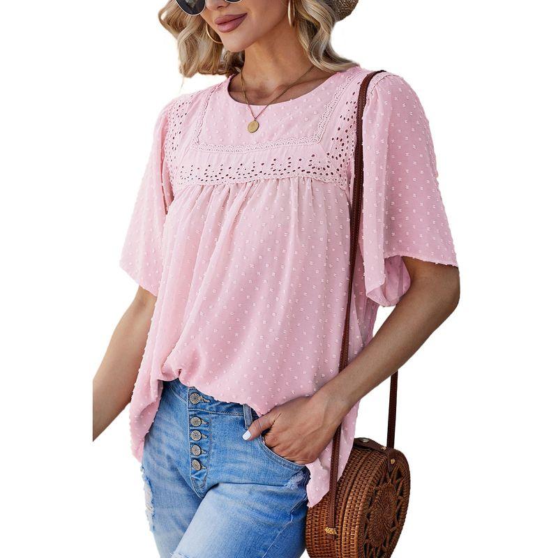 

American Shiying Thin Breathable Short sleeve Chiffon Shirt Women 2025 Summer New Lace Stitching Pullover Women Pink Size S fit (45.00 kg-55.00 kg