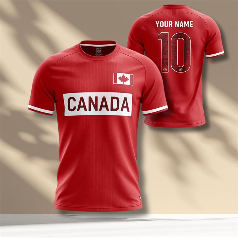 Red Maple Leaves Print Design Canada Football T-shirt Unisex Round Neck Breathable T Shirts Custom Name Number Sport Quick Dry