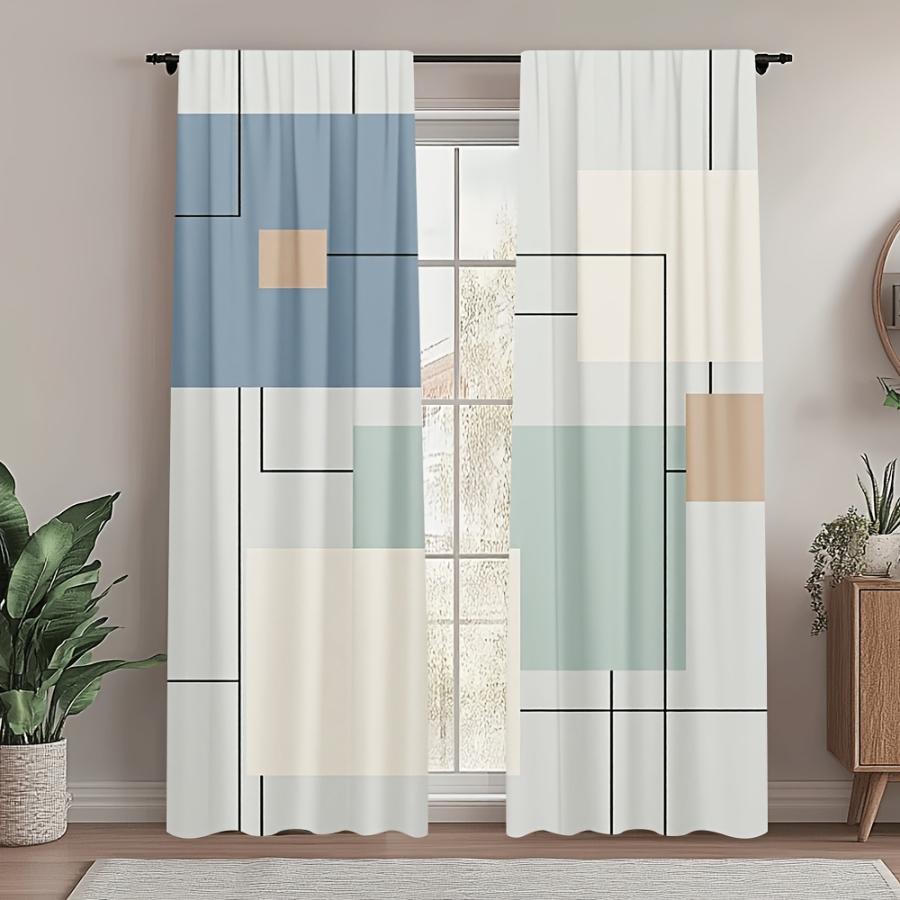 2PCS Digital Printed Curtains, Minimal Geometric Pattern, Artistic Pattern Window Drapes for Living Room Bedroom Decor