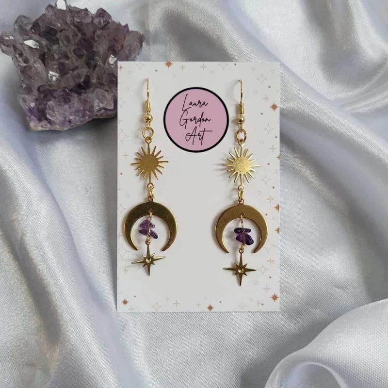 Bohemian Crystal Moon Earrings with Amethyst - Celestial Magic Christmas Gift