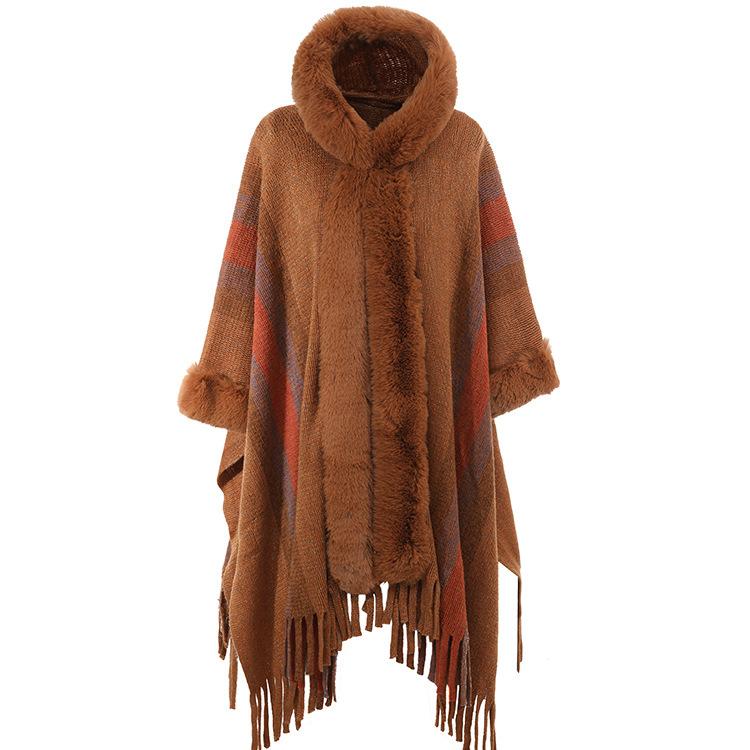 Hooded Rabbit Fur Collar Shawl Cape Plus Size Knitted Hooded Cardigan Loose Coat