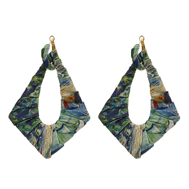Exaggerated Contrast Color Fabric Winding Silver Needle Earrings European Irregular Geometric High‑End Jewelry