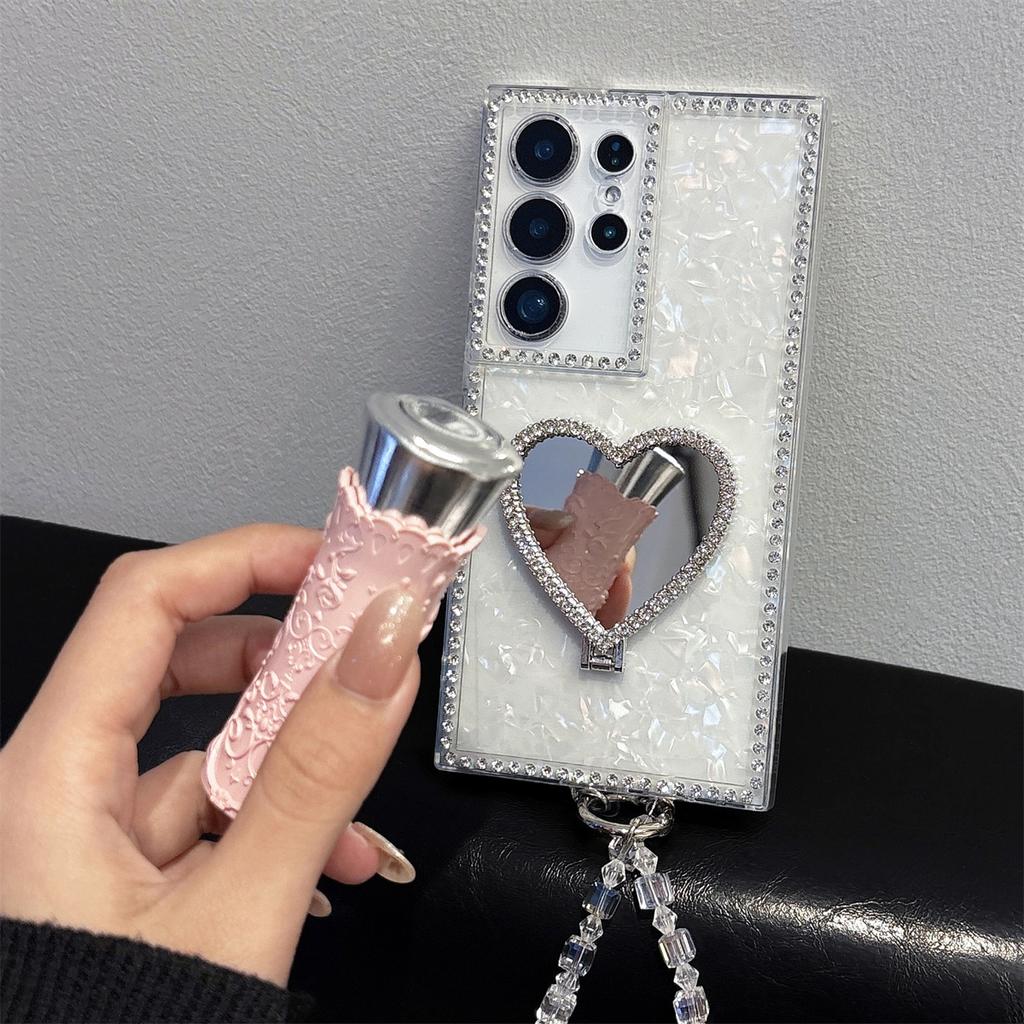 Wrist Strap Love Heart Mirror Diamond Bling Holder Phone Case for Samsung Galaxy S23 S24 S25 Plus S26 Ultra A07 A17 A16 A36 A56