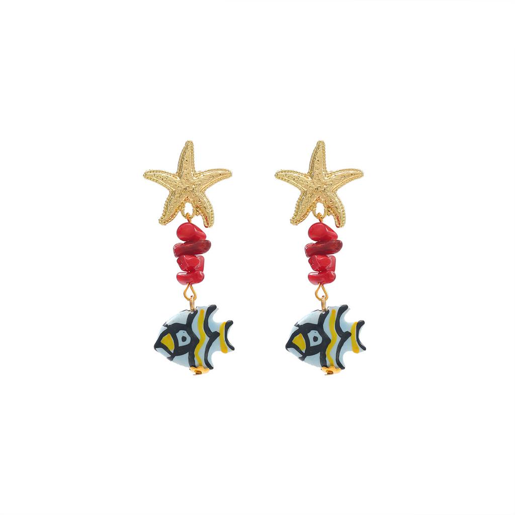 2025 Colorful Ceramic Fish Drop Glaze Earrings for Women Starfish Stone Beaded Earrings  Beach Style Summer Jewelry Accessory