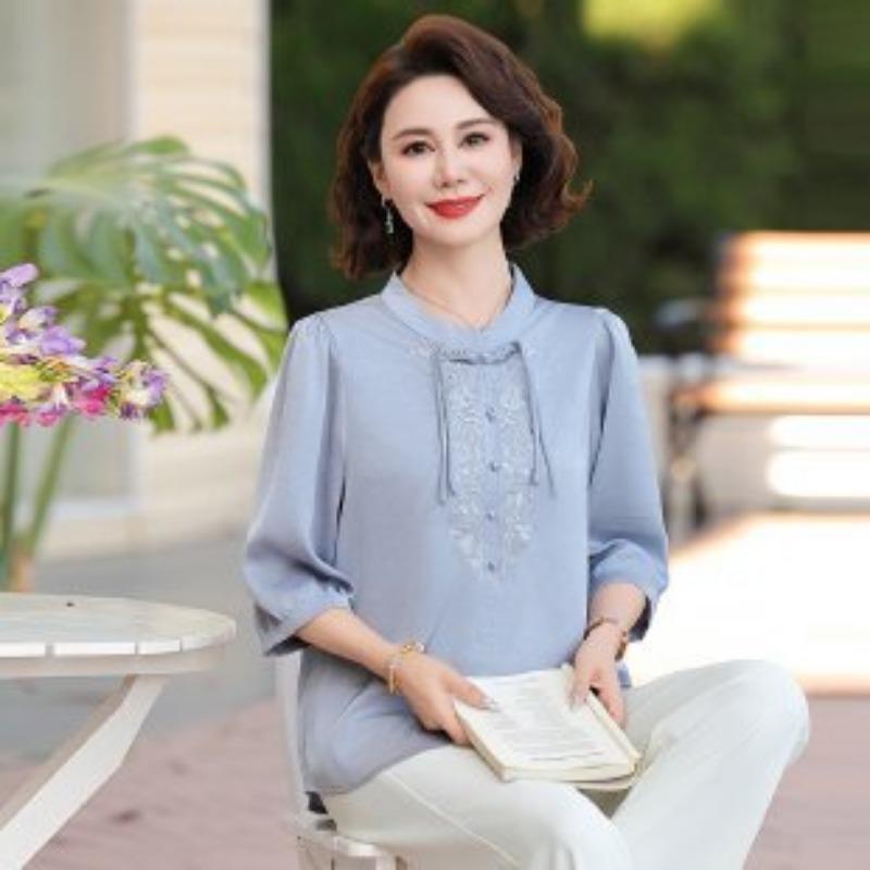 Middle-Aged Women's Khaki Embroidered Blouse Half Puff Sleeve Chinese Style Casual Top