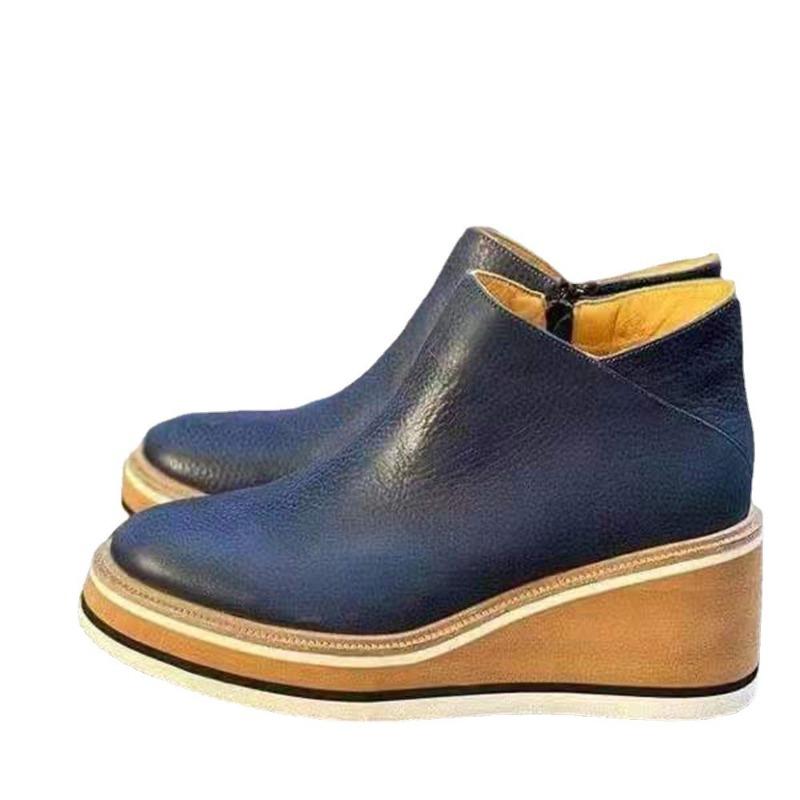 New booties for autumn and winter, plus size women's shoes, round toe, platform soles, wedge side zippered casual boots