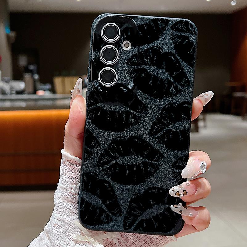 Black Lip Print Leather Texture TPU Case For Samsung Galaxy S24 FE S23 S22 Ultra A16 A55 A15 A54 A35 A25 A14 5G Soft Phone Cover