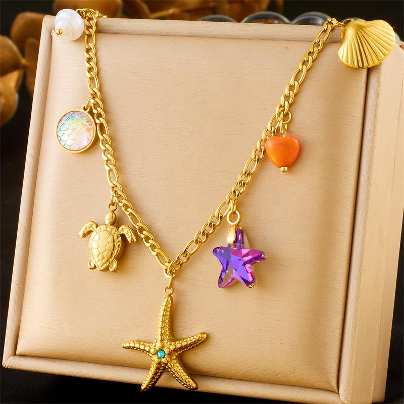 Stainless Steel Sea Animal Starfish Turtle Shell Resin Pendant Necklace Women's Jewelry Accessories