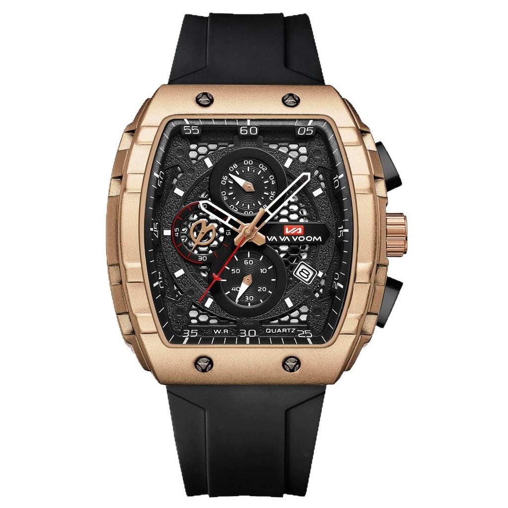 VA VA VOOM Men's Watches Barrel-Shaped Hollow Chronograph Quartz Watch Fashion Silicone Strap Waterproof Sports Luxury Wristwatch for Men