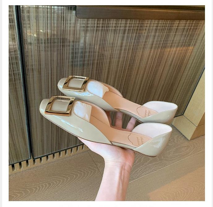 Grape Mother Same Style Summer and Autumn Simple Classic RV Square Buckle Flat Shoes Shallow Mouth Small Square Head Commuting Hollow Single Shoes Wo
