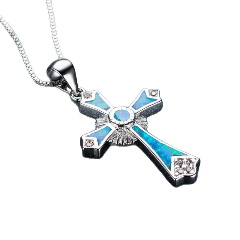 Accessories Jewelry European and American Fashion Blue Opal White Diamond Cross Pendant Necklace