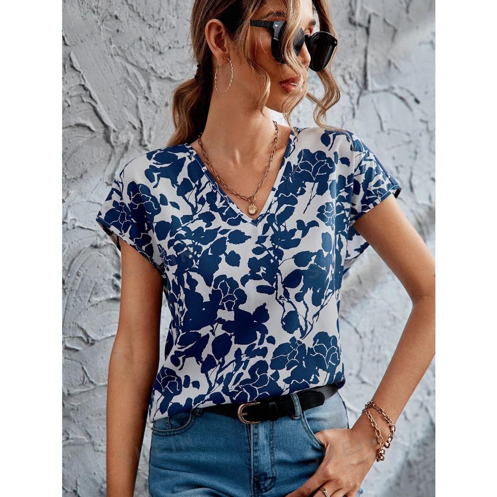 

Женская блузка с цветочным принтом и V-образным вырезом, рукавами «летучая мышь», женские топы, рубашки