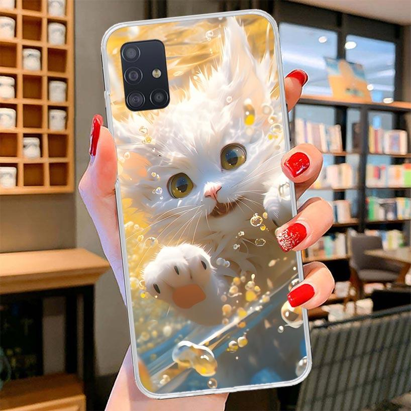 Cartoon Cute Cat Fish Aesthetic Cover Phone Case For Samsung Galaxy A12 A22 A32 A52 A72 A02S Phone Case Note 20 Ultra 10 S10 Plu