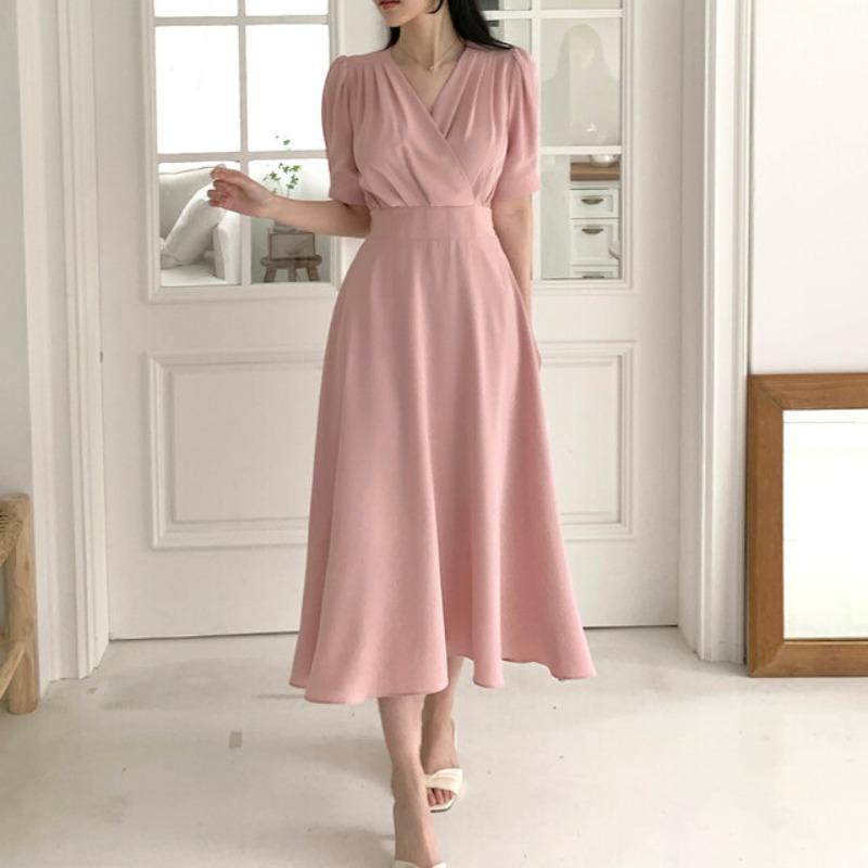 

Французское платье с V-образным вырезом, плиссированное, женское, с элегантными рукавами-буфами и приталенной талией One size розовый