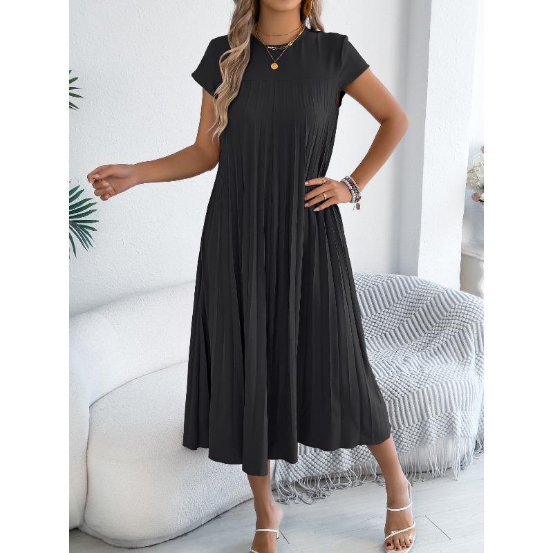 Spring and Summer Casual Loose Short-Sleeved Padded Pleated Dress for Women