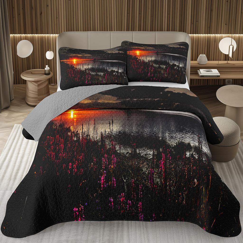 Sunset Scenery Bedspread Queen/Full Natural Landscape Quilted Coverlet 2/3Pcs Reversible Grey Bedding Set for Boy Girl Room Dorm