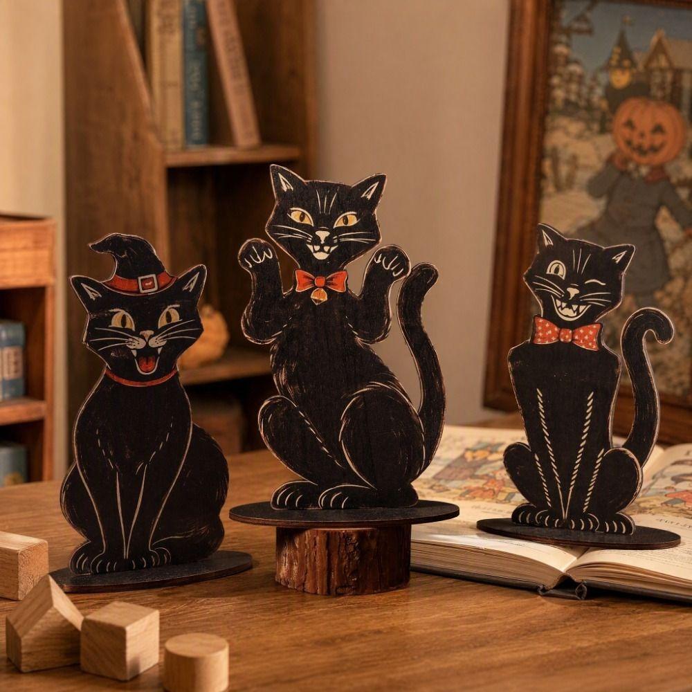 3 Pcs Wooden Halloween Decorations Vintage Cat Decorative Plaques Sitting Cat Statue Study Room