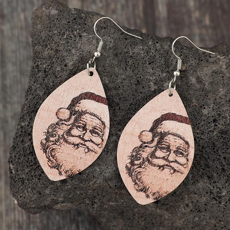 Retro Geometric Santa Claus Wooden Christmas Earrings