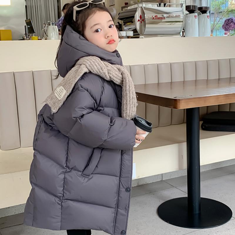Down Jacket White Goose Down Long Korean Style Winter Clothes for Middle-aged Children Thickened Coat with Hooded Fashionable Cotton Coat
