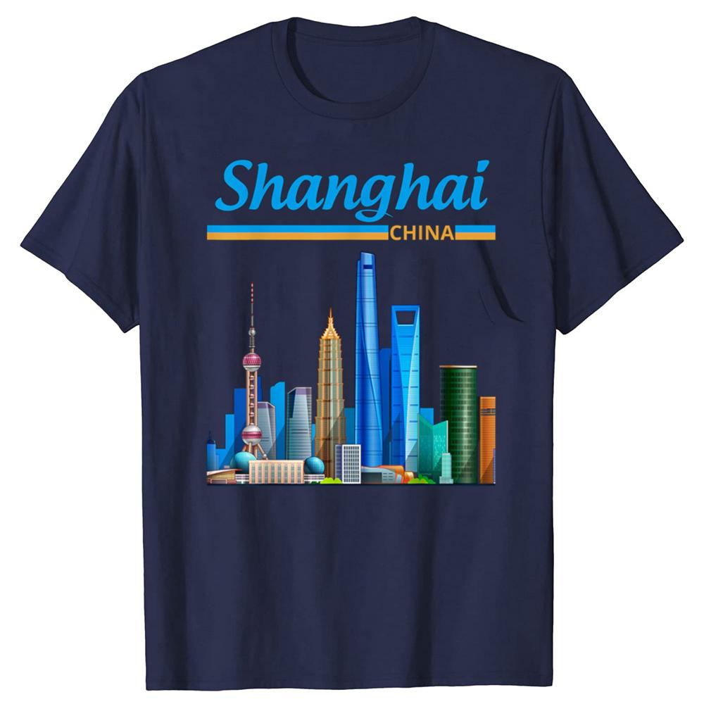 Funny I Love China Shanghai Skyline Watercolor T Shirts Men Humor Streetwear Tee Shirt Short Sleeve Unisex Loose Clothing