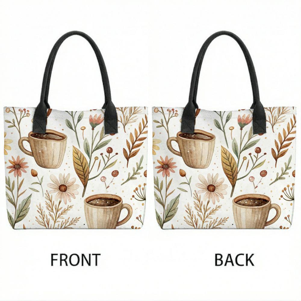 Boho Floral Coffee Print Canvas Tote Bag Casual Daily Shoulder Handbag for Shopping Travel