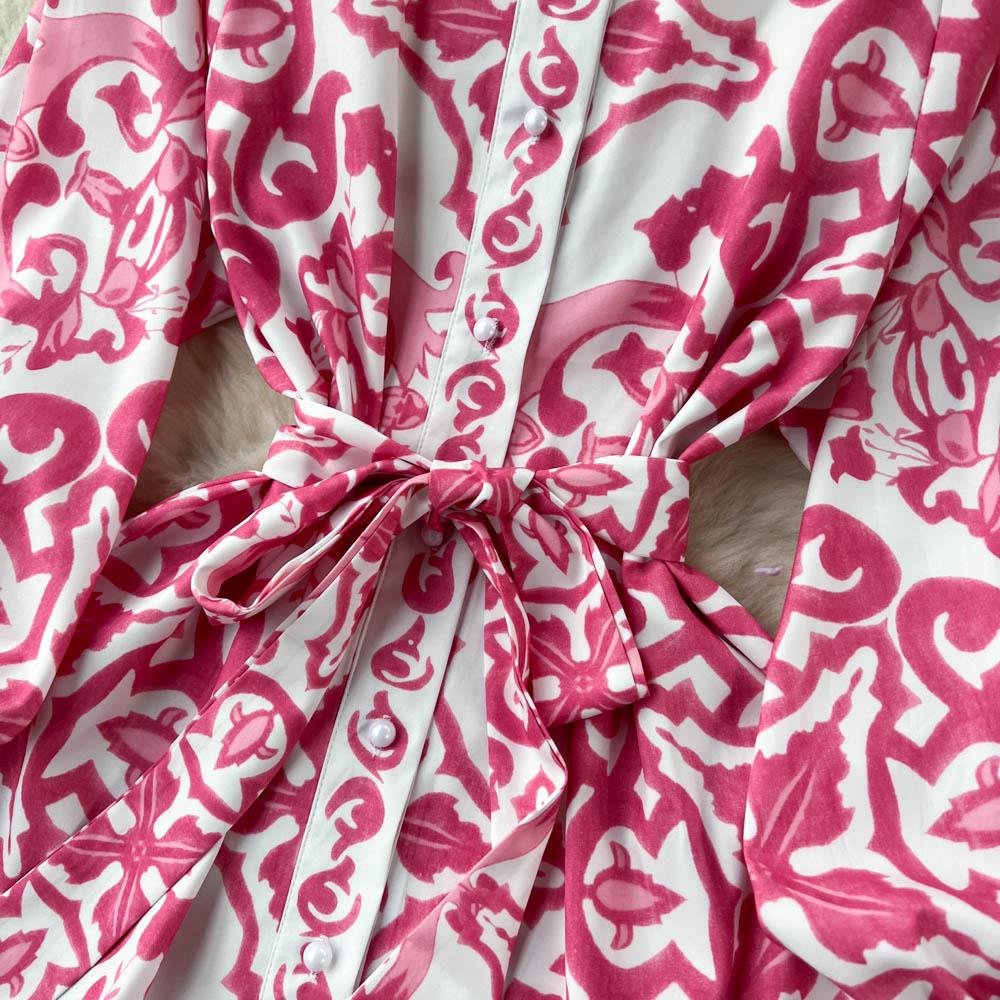 Vintage Summer Floral Print Ruffles Single Breasted Long Sleeve High Waist Vocation Beach Long Women Dress