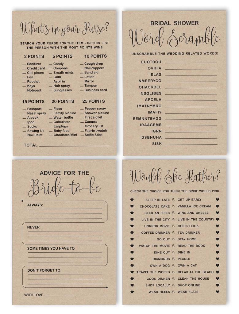 Inkdotpot Bachelorette Party Games Set Bundle Of 4(50 Sheets Each) W Miss To Mrs Gold Banner Kraft Rustic Fun Bridal Shower Games
