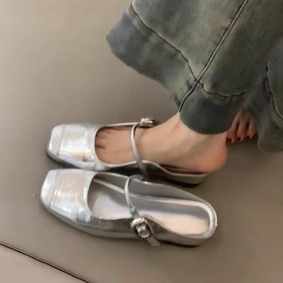 Wersja punktowa~ Miękka skóra francuska platforma srebrna głowa torby pół kapcie damskie 2025 nowe buty Muller buty pojedyncze Mary Jane