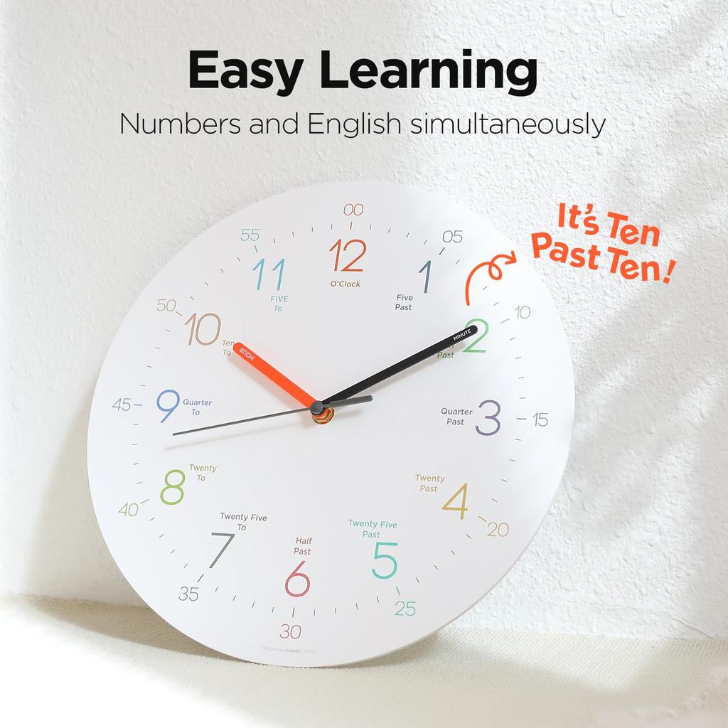 Mooas Easy To Read 30cm Wall Sweep Noiseless Wall Battery Operated Clock for Classroom Bedroom Clock, Movement, Clock,