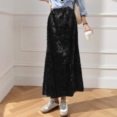 Women Fishtail Skirt Elastic High Waist A-Line Mid-calf Length Skirt Solid Color Velvet Large Hem Skirt