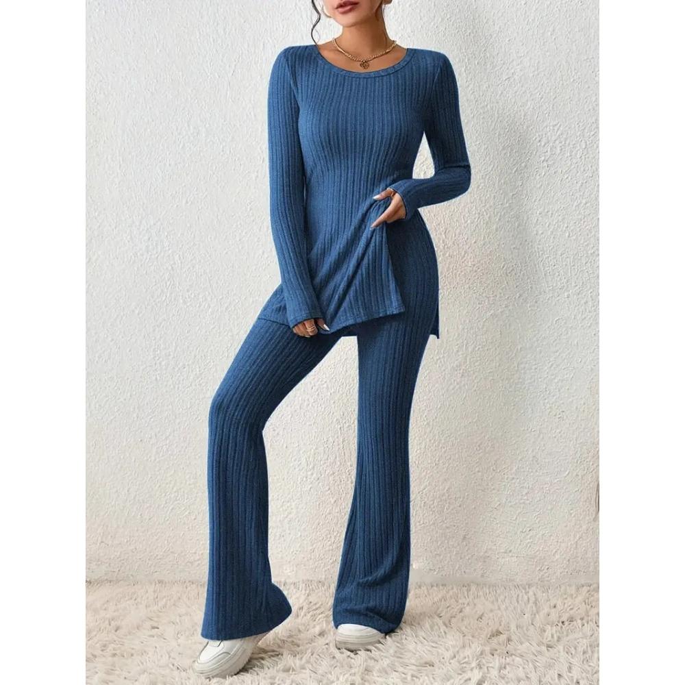 Women's Loose Fit Two-piece Suit Long Sleeve Knit Top High Waist Flare Pants Solid Ribbed Loungewear Matching Set