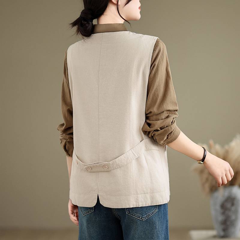 Women's V Neck Sleeveless Linen Blend Waistcoat Oversized Loose Button Down Vest Vintage Retro Pocket Layering Gilet Spring Summer Casual Outerwear
