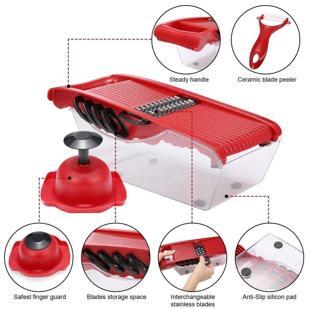 Mandoline multifonction 6 en 1 avec récipient, hachoir à oignons, coupe-légumes, râpe à salade, trancheuse JT29