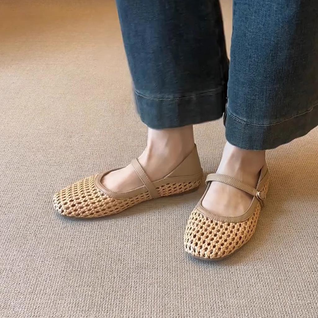 Sheepskin Version~ French Literary and Artistic Style Woven Hollowed-out Outer Wear Breathable Mary Jane Sandals Women's Word with Flat Shoes