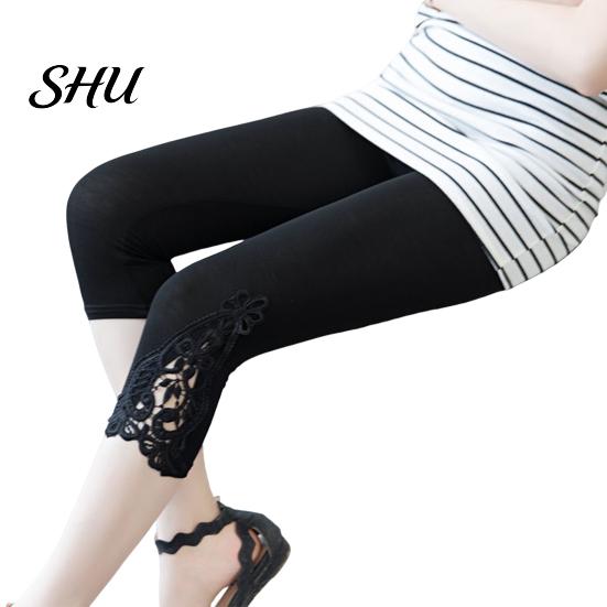 Pantaloni aderenti da donna Leggings corti Vita elastica Ricamo Pizzo Cuciture Elasticizzati Estate Elastici Sottili Aderenti