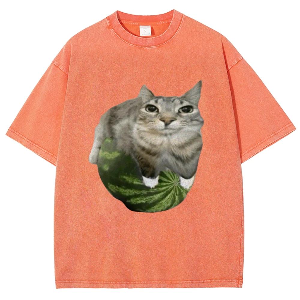 Watermelon Cat Silly Cat Meme T-Shirt Summer Sport Loose T Shirt Tops Shirt Is A Stylish Unisex Top for Both Men and Women
