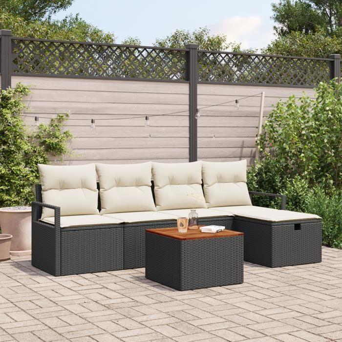 Ensemble de Canapé de Jardin 6 Pièces avec Coussins Noir en Rattan Poly, Canapé de Jardin 2 Places avec Rangement &amp; Coussins 3360862