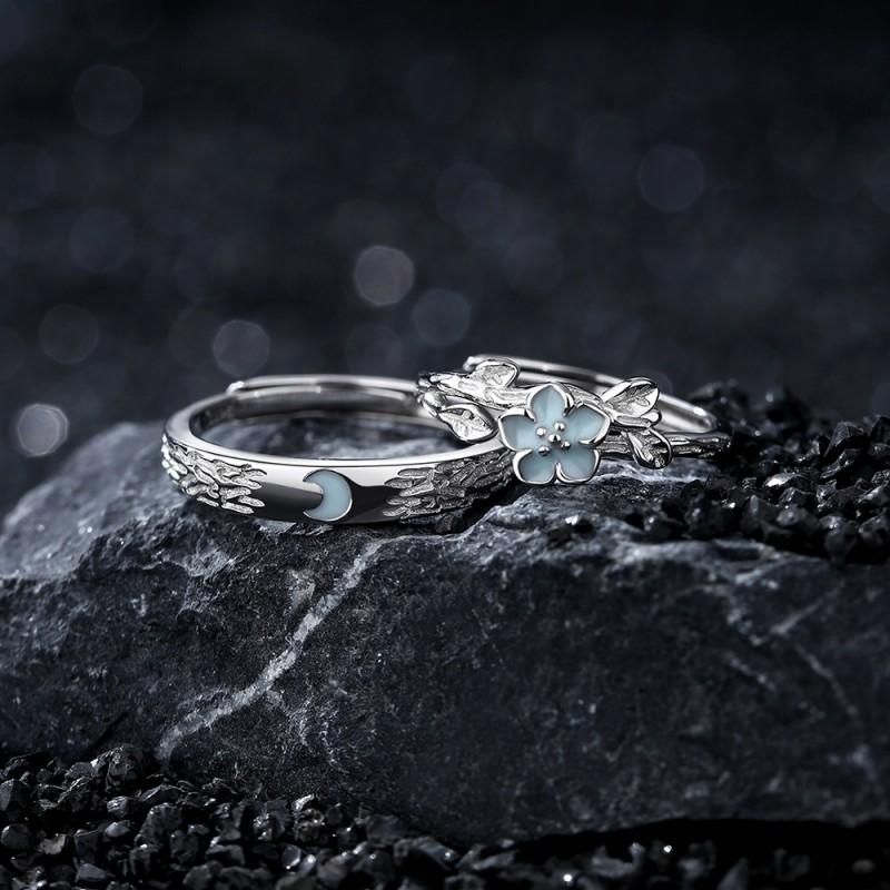 Sterling Adjustable Couple Rings With Camellia Moon Motif Minimalist Fashion Jewelry Men Women