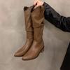 Retro Brown Chunky Heel V-Cut Mid-Calf Boots, Women's Autumn Pointed Toe Western Cowboy Style.