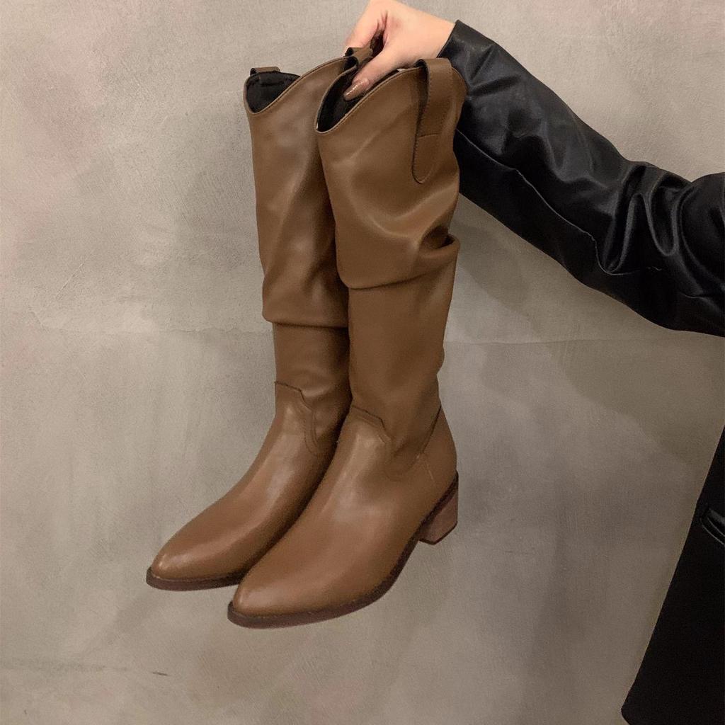 Retro Brown Chunky Heel V-Cut Mid-Calf Boots, Women's Autumn Pointed Toe Western Cowboy Style.
