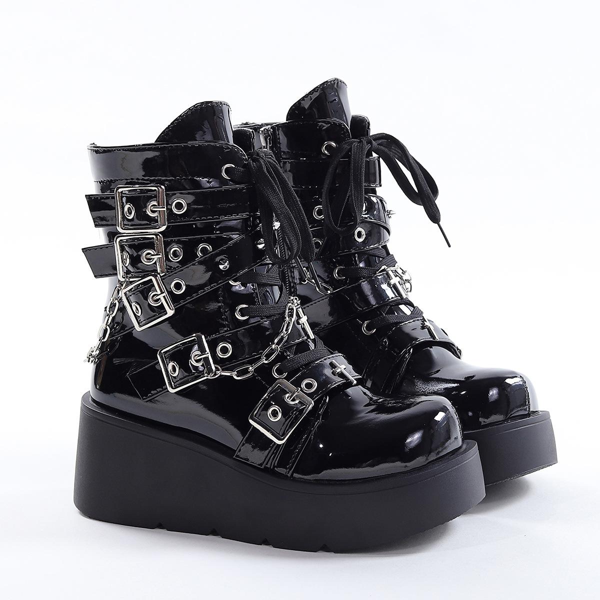 

Женские модные ботинки на платформе с ремешком и пряжкой, черные короткие ботинки на толстой подошве, панк, женские ботинки с цепью, высококачественные женские ботильоны 35 чёрный